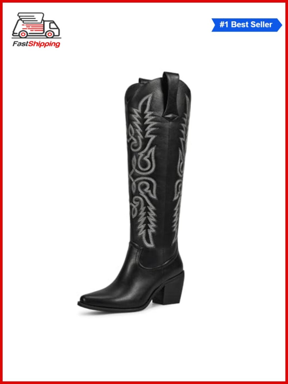 Pointed Toe Knee High Cowboy Boots Faux Leather Block Heel Western